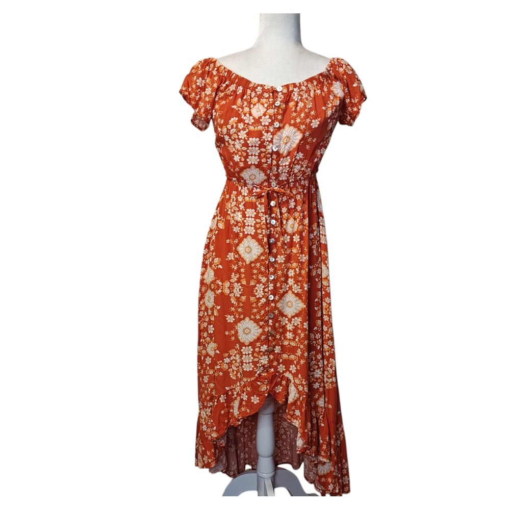 Able‎ the Label Orange Floral Off Shoulder High Low Button Front Dress Size S